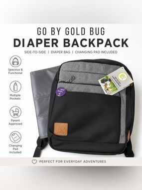 Go by Goldbug Side-to-Side Diaper Backpack Gray Black w/ Changing Pad NWT
